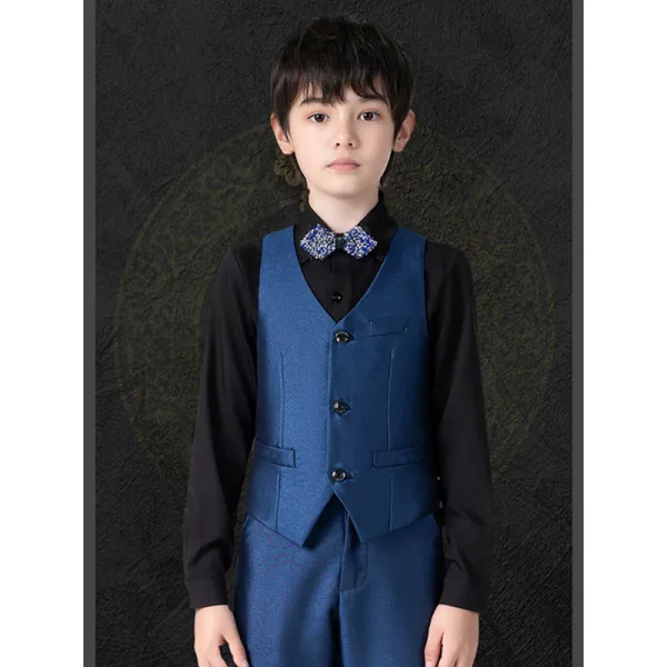 Bleu Marine 5 pièces Manches Longues Costume Garçon Mariage 2022 Manteau Pantalon Chemise Cravate Gilet