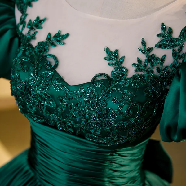 Vintage / Retro Dark Green Beading Prom Dresses 2023 Ball Gown Scoop Neck Puffy Short Sleeve Bow Floor-Length / Long Satin Prom Formal Dresses