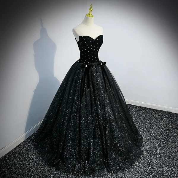 Bling Bling Noire Paillettes Robe De Bal 2022 Robe Boule Encolure Carrée Perle Manches Courtes Dos Nu Noeud Longue Robe De Ceremonie