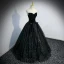 Bling Bling Noire Paillettes Robe De Bal 2022 Robe Boule Encolure Carrée Perle Manches Courtes Dos Nu Noeud Longue Robe De Ceremonie
