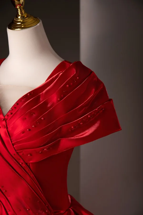 Chic / Beautiful Red Beading Prom Dresses 2025 Ball Gown V-Neck Short Sleeve Backless Floor-Length / Long Formal Dresses