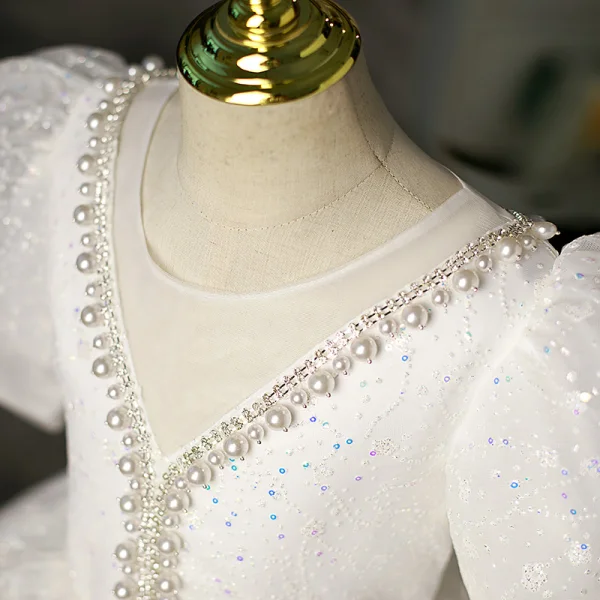 Bling Bling Ivory Pearl Sequins Birthday Flower Girl Dresses 2022 Ball Gown Scoop Neck Puffy Short Sleeve Floor-Length / Long Flower Girl Dresses