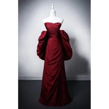 Chic Beautiful Burgundy Prom Dresses 2025 A Line Princess Strapless Puffy Short Sleeve Backless Floor Length Long Prom Formal Dresses
