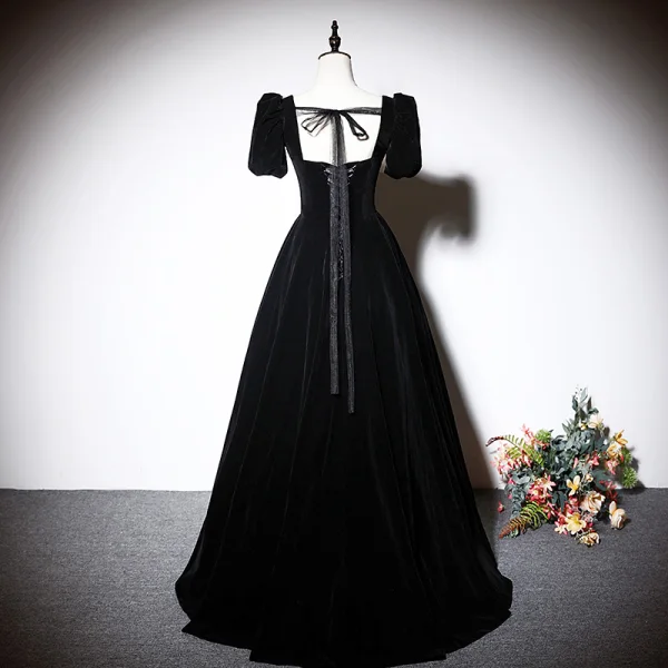 Elegant Black Suede Evening Dresses 2023 A-Line / Princess Square Neckline Short Sleeve Backless Bow Floor-Length / Long Evening Party Formal Dresses