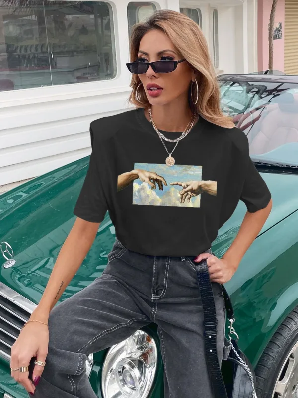 Casual Women Tops Black Printing T-Shirts 2021 Scoop Neck 1/2 Sleeves Loose Cotton Summer Tee