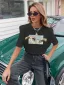 Casual Women Tops Black Printing T-Shirts 2021 Scoop Neck 1/2 Sleeves Loose Cotton Summer Tee