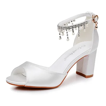 Chic Beautiful White Rhinestone Wedding Shoes 2024 Ankle Strap 7 Cm Thick Heels Open Peep Toe Wedding Sandals High Heels