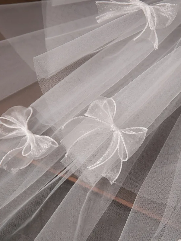 Lovely White Bow Tulle Wedding Veils 2025