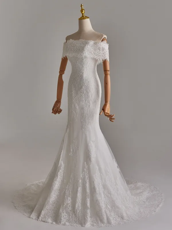Elegant White Pearl Lace Flower Wedding Dresses 2025 Trumpet / Mermaid Off-The-Shoulder Sleeveless Backless Sweep Train Wedding