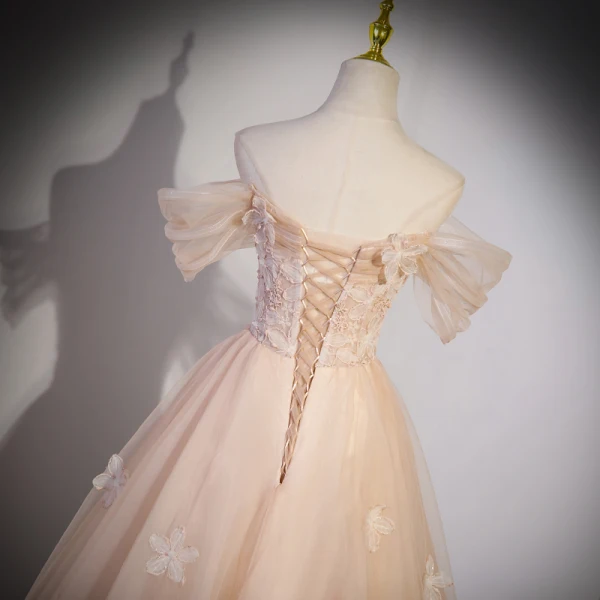 Mode Champagne Appliques Paillettes Robe De Bal 2023 Princesse De l'épaule Manches Courtes Dos Nu Longue Robe De Ceremonie