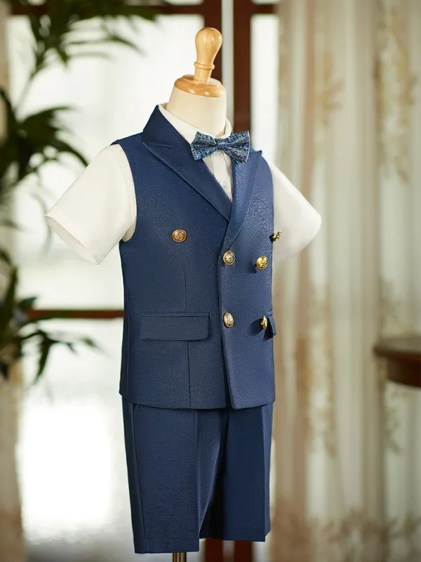 Bleu Marine 4 pièces Manches Courtes Costume Garçon Mariage 2025 Pantalon Chemise Cravate Gilet
