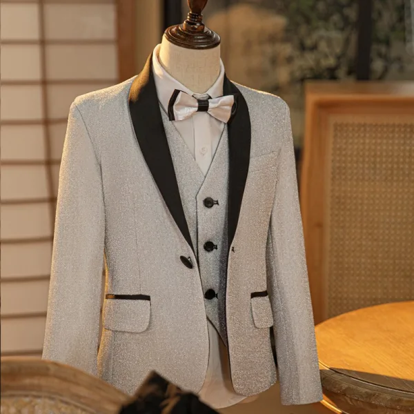 Mode 6 pièces Manches Longues Argenté Costume Garçon Mariage 2025 Bijoux De Corps Manteau Pantalon Chemise Cravate Gilet Mariage