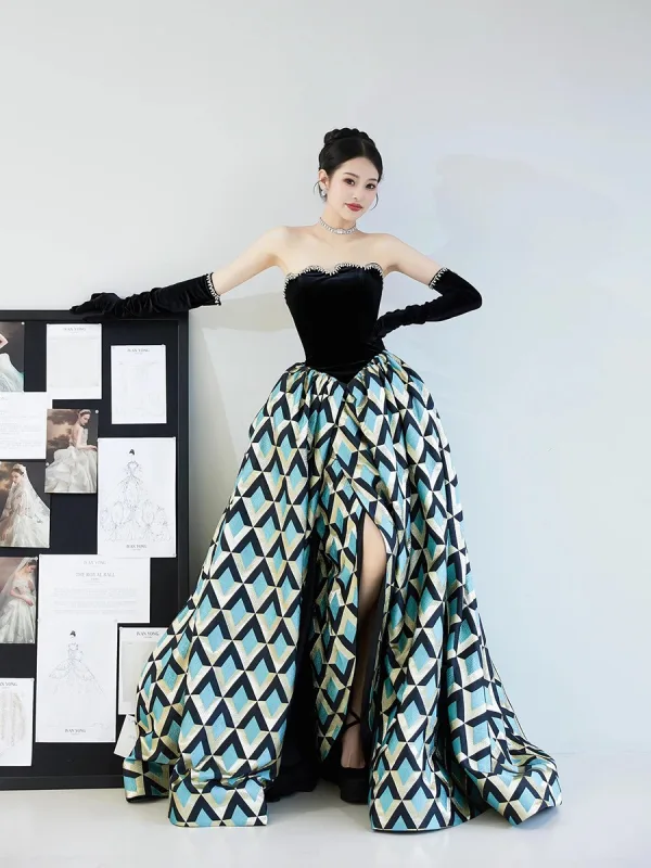 Fashion Black Geometric Asymmetrical Prom Dresses 2025 Ball Gown Strapless Sleeveless Backless Formal Dresses