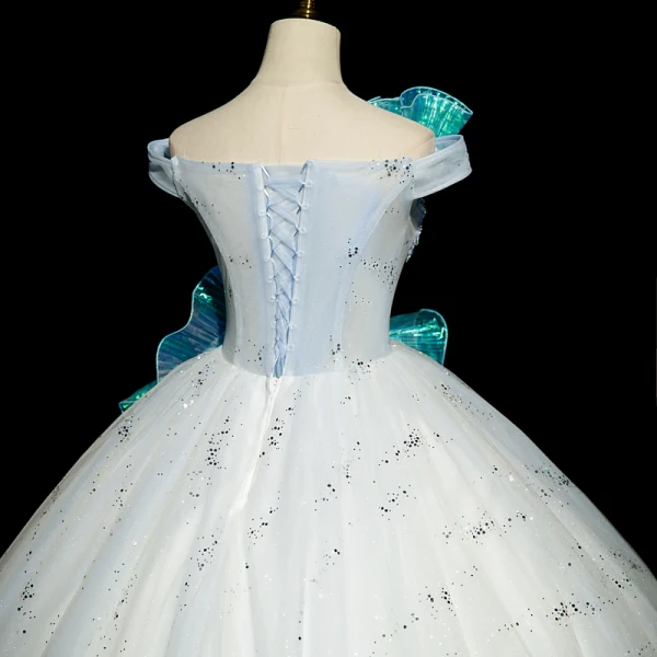 Fashion Sky Blue Beading Sequins Prom Dresses 2023 Ball Gown Ruffle Off-The-Shoulder Sleeveless Backless Floor-Length / Long Prom Formal Dresses