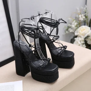 Romain Noire Soirée Sandales Femme 2023 Bride Cheville 14 Cm Talons Épais Imperméables Peep Toes Bout Ouvert Sandales Talons Hauts