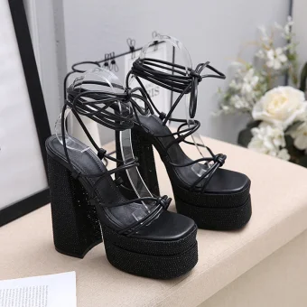 Romain Noire Soirée Sandales Femme 2023 Bride Cheville 14 Cm Talons Épais Imperméables Peep Toes Bout Ouvert Sandales Talons Hauts