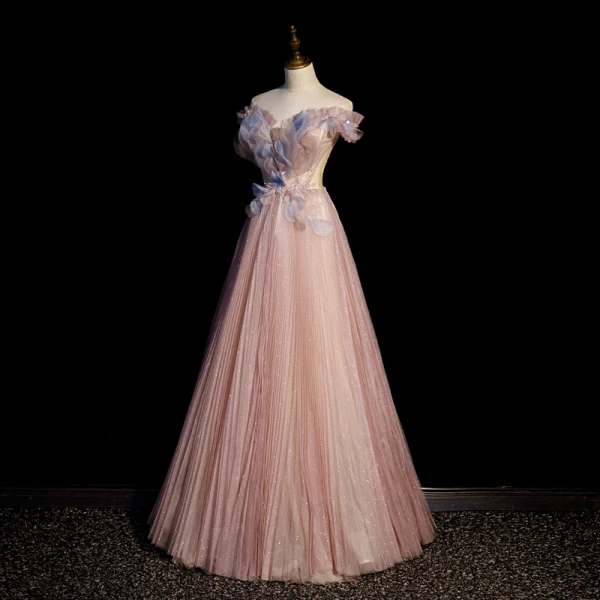 Charmant Dunkel Rosa Glanz Pailletten Ballkleider 2022 A Linie Off Shoulder Applikationen Kurze Ärmel Rückenfreies Lange Ball Festliche Kleider
