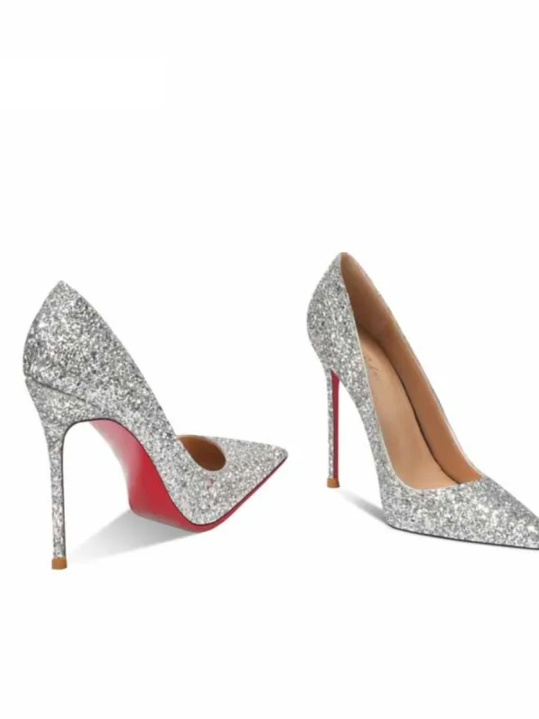 Bling Bling Argenté Paillettes Semelle Rouge Soirée Escarpins 2023 Cuir 10 cm Talons Aiguilles À Bout Pointu Escarpins Talons Hauts