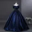 Vintage / Retro Navy Blue Beading Sequins Prom Dresses 2025 Ball Gown Off-The-Shoulder Short Sleeve Backless Floor-Length / Long Formal Dresses