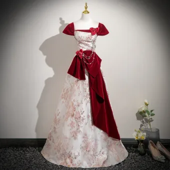 Élégant Bordeaux Appliques Impression Robe De Bal 2025 Princesse De L Épaule Manches Courtes Dos Nu Longue Robe De Ceremonie