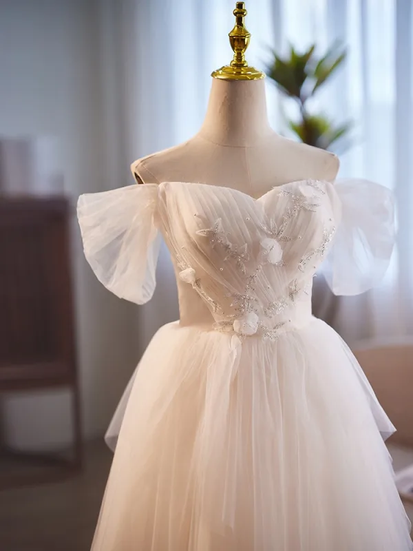 Modest / Simple White Beading Pearl Short / Mini Wedding Dresses 2024 A-Line / Princess Off-The-Shoulder Modest / Simple White Beading Pearl Short / Mini Wedding Dresses 2024 A-Line / Princess Off-The-Shoulder