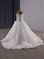 High-end Vintage / Retro White Pearl Lace Flower Wedding Dresses 2025 Ball Gown Off-The-Shoulder Long Sleeve Backless Court Train