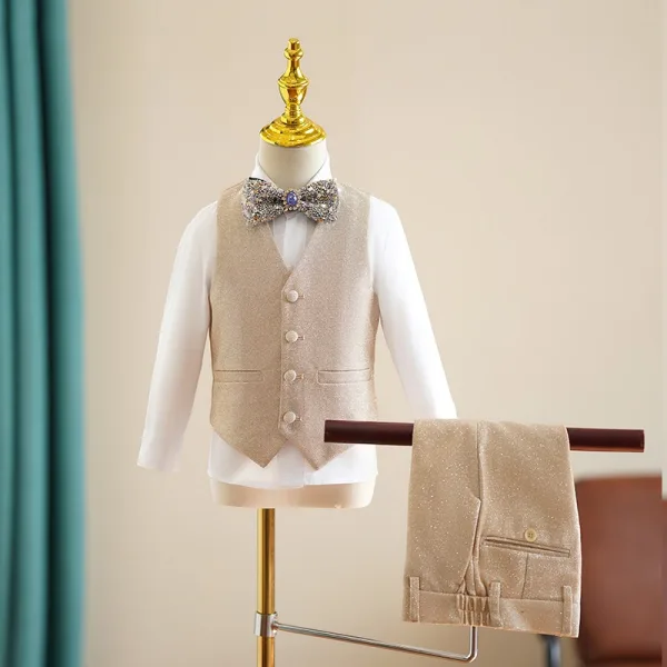 Champagne 5-piece Long Sleeve Boys Wedding Suits 2025 Coat Pants Shirt Tie Vest Wedding