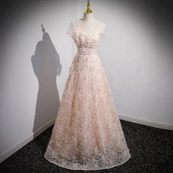Chic / Beautiful Champagne Beading Sequins Prom Dresses 2023 A-Line / Princess Square Neckline Sleeveless Backless Floor-Length / Long Prom Formal Dresses