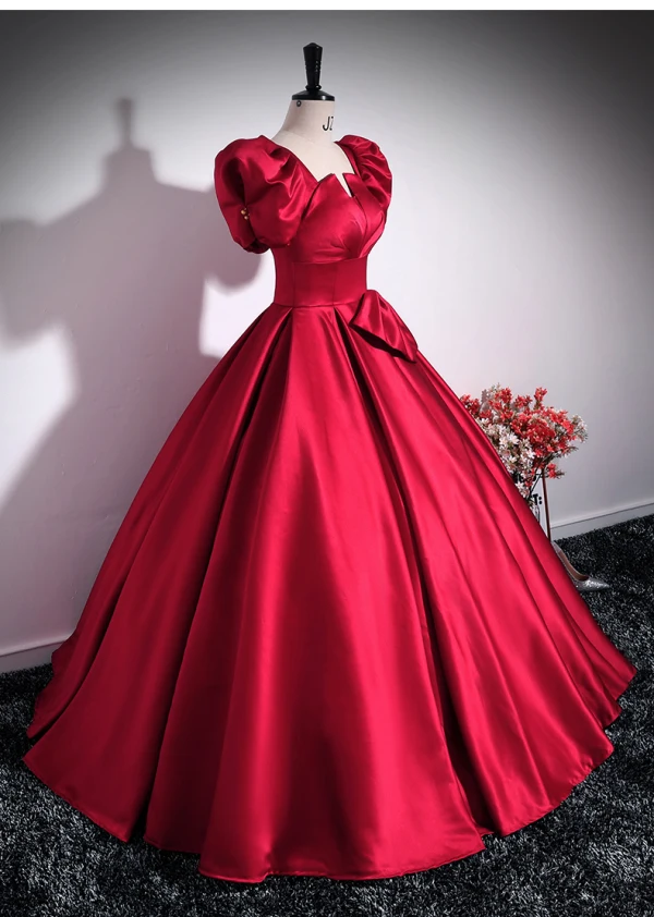 Elegant Burgundy Bow Prom Dresses 2024 Ball Gown Square Neckline Puffy Short Sleeve Backless Floor-Length / Long Prom Formal Dresses