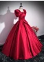 Elegant Burgundy Bow Prom Dresses 2024 Ball Gown Square Neckline Puffy Short Sleeve Backless Floor-Length / Long Prom Formal Dresses