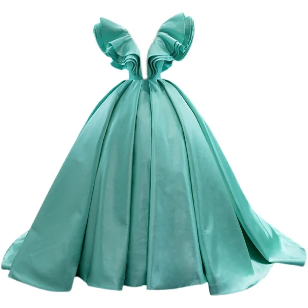 High-end Mint Green Prom Dresses 2022 Ball Gown Scoop Neck Puffy Short Sleeve Backless Chapel Train Formal Dresses