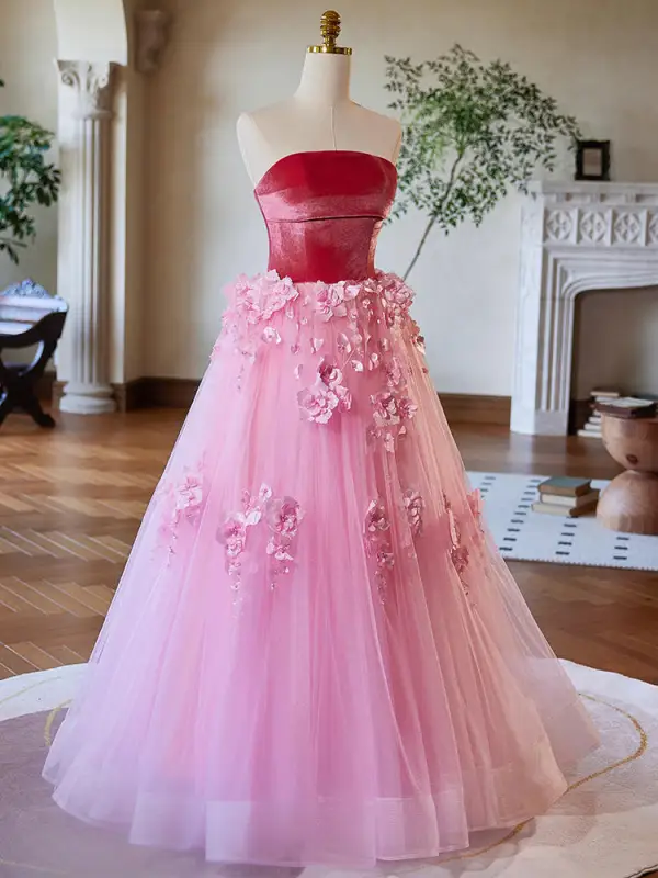 Fairytale Blushing Pink Flower 3D Lace Prom Dresses 2024 Tulle Formal Dresses A-Line / Princess Crossed Fairytale Blushing Pink Flower 3D Lace Prom Dresses 2024 Tulle Formal Dresses A-Line / Princess Crossed