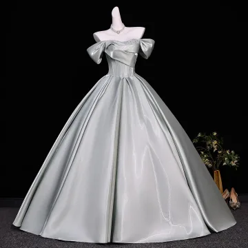 Classy Silver Satin Prom Dresses 2026 Ball Gown Off The Shoulder Short Sleeve Backless Floor Length Long Formal Dresses