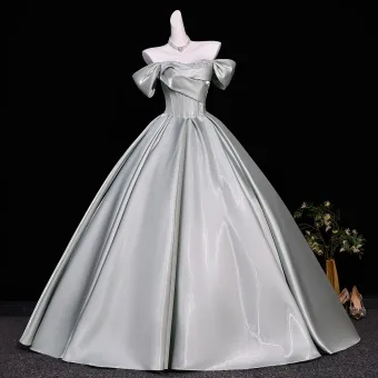 Edles Silber Satin Ballkleider 2026 Ballkleid Off Shoulder Kurze Ärmel Rückenfreies Lange Festliche Kleider