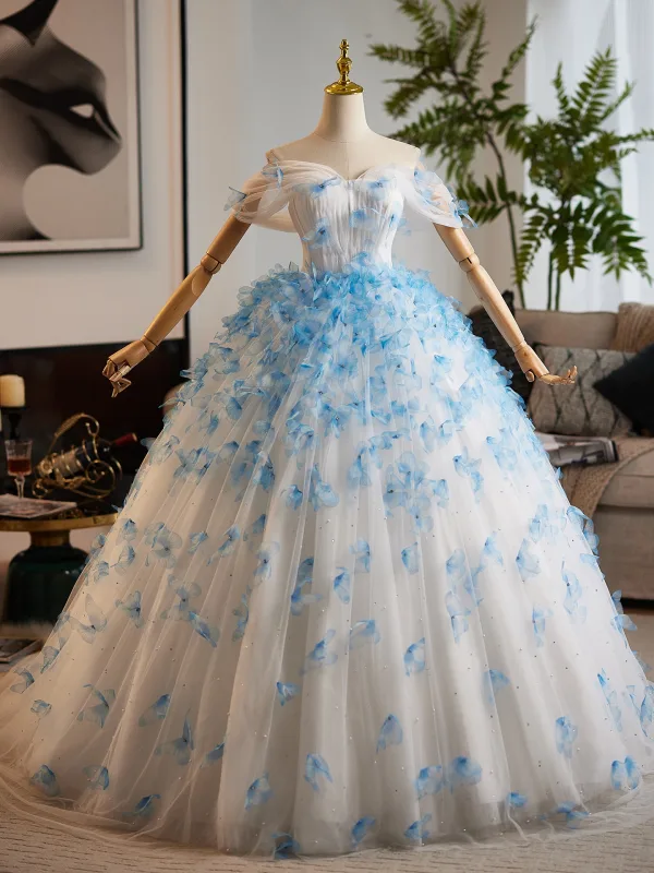 Flower Fairy White Appliques Wedding Dresses 2025 Ball Gown Off-The-Shoulder Short Sleeve Backless Floor-Length / Long