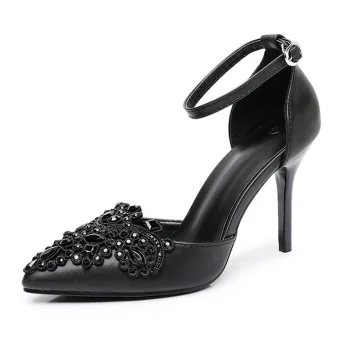 Chic Beautiful Black Rhinestone Lace Flower Evening Party Womens Shoes 2026 9 Cm Stiletto Heels Pointed Toe High Heels