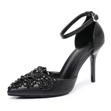 Mooie Prachtige Zwarte Rhinestone Kant Bloem Avond Damesschoenen 2026 9 Cm Naaldhakken Stiletto Spitse Neus Hoge Hakken