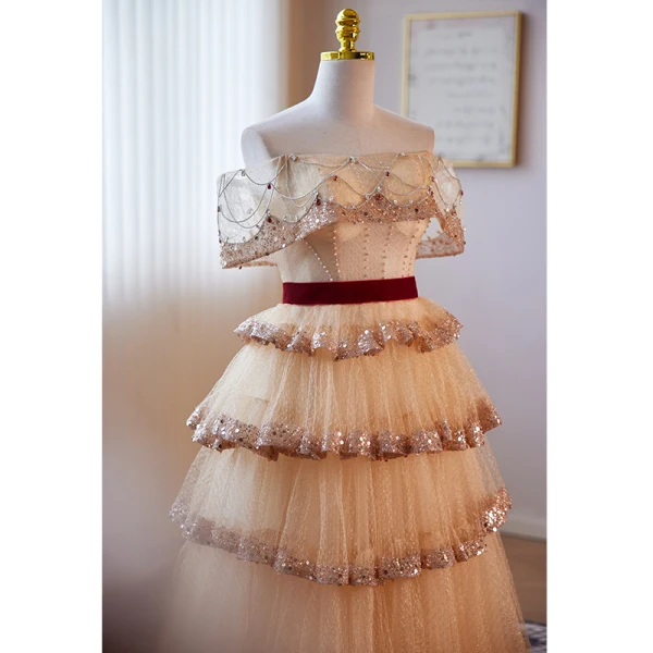Charming Gold Beading Pearl Rhinestone Prom Dresses 2023 A-Line / Princess Off-The-Shoulder Short Sleeve Backless Floor-Length / Long Formal Dresses