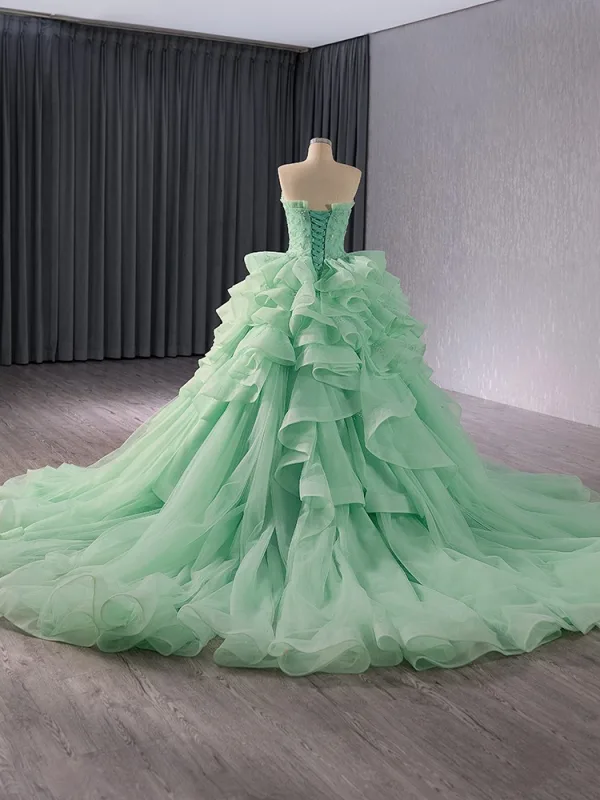 High-end Sage Green Beading Pearl Sequins Cascading Ruffles Prom Dresses 2024 Ball Gown Strapless Sleeveless Backless Chapel Train Prom Formal Dresses