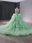 High-end Sage Green Beading Pearl Sequins Cascading Ruffles Prom Dresses 2024 Ball Gown Strapless Sleeveless Backless Chapel Train Prom Formal Dresses