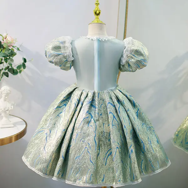 Modern / Fashion Mint Green Pearl Sequins Lace Flower Birthday Flower Girl Dresses 2022 Ball Gown Puffy Short Sleeve Scoop Neck Floor-Length / Long Flower Girl Dresses