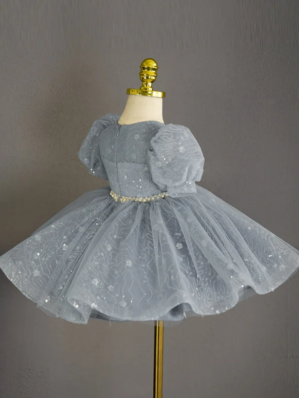 Chic / Beautiful Grey Pearl Rhinestone Sequins Short Birthday Flower Girl Dresses 2023 Ball Gown Scoop Neck Puffy Short Sleeve Tulle