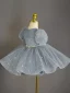 Chic / Beautiful Grey Pearl Rhinestone Sequins Short Birthday Flower Girl Dresses 2023 Ball Gown Scoop Neck Puffy Short Sleeve Tulle