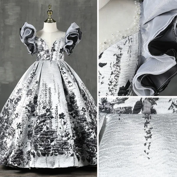 Haut de Gamme Blanche Perlage Perle Robe Ceremonie Fille 2022 Robe Boule Encolure Dégagée Gonflée Manches Courtes Noire Fleur Longue Promo Robe Ceremonie Fille