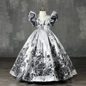 Haut De Gamme Blanche Perlage Perle Robe Ceremonie Fille 2022 Robe Boule Encolure Dégagée Gonflée Manches Courtes Noire Fleur Longue Promo Robe Ceremonie Fille