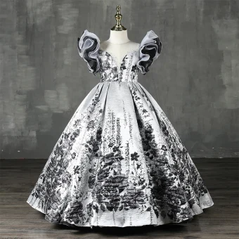 Haut De Gamme Blanche Perlage Perle Robe Ceremonie Fille 2022 Robe Boule Encolure Dégagée Gonflée Manches Courtes Noire Fleur Longue Promo Robe Ceremonie Fille