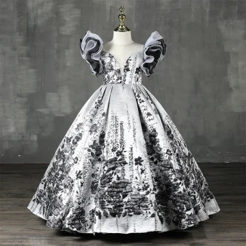 Haut De Gamme Blanche Perlage Perle Robe Ceremonie Fille 2022 Robe Boule Encolure Dégagée Gonflée Manches Courtes Noire Fleur Longue Promo Robe Ceremonie Fille