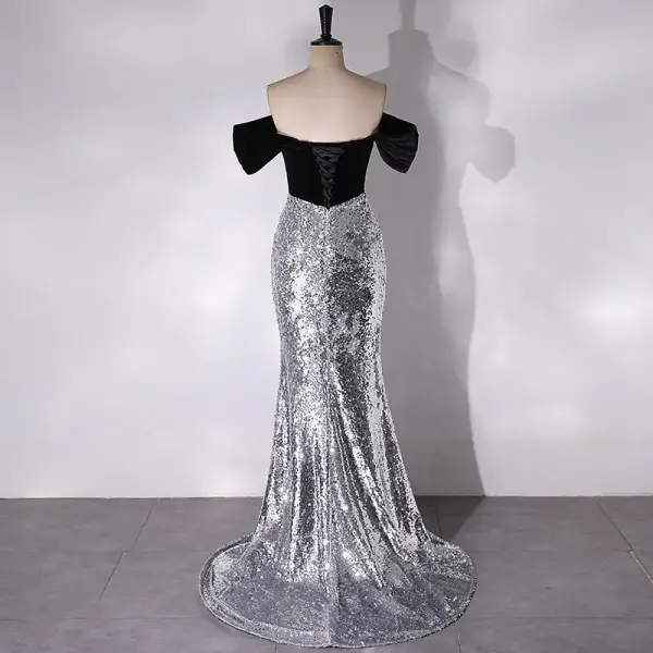 Sexy Schwarz Pailletten Abendkleider 2024 Ballkleid Off Shoulder Kurze Ärmel Rückenfreies Sweep / Pinsel Zug Abend Festliche Kleider