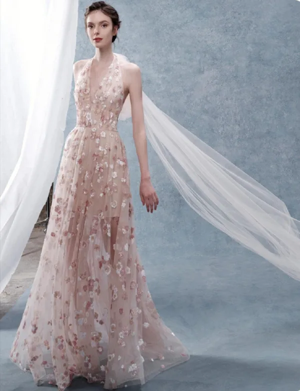 Chic / Beautiful Blushing Pink Floral Prom Dresses 2025 A-Line / Princess Halter Sleeveless Backless Floor-Length / Long Formal Dresses