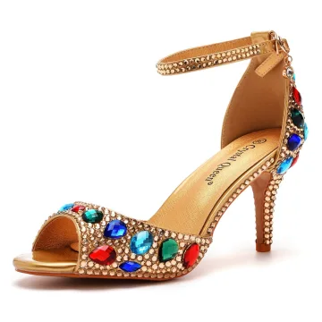 Chic Belle Doré Soirée Multi Couleurs Faux Diamant Sandales Femme 2023 Bride Cheville 7 Cm Talons Aiguilles Peep Toes Bout Ouvert Sandales Talons Hauts